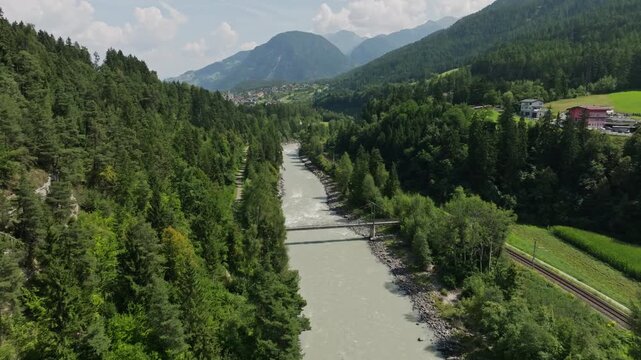 Aerial views nature mountain river in the Tyrolean Alps Austria. Picturesque landscapes of nature in Europe.