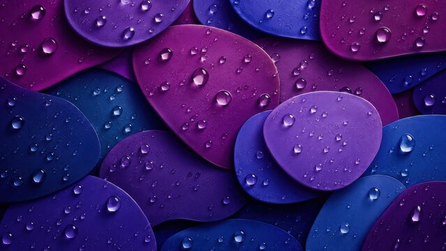 Abstract fluid shapes with water droplets in vibrant purple and blue tones