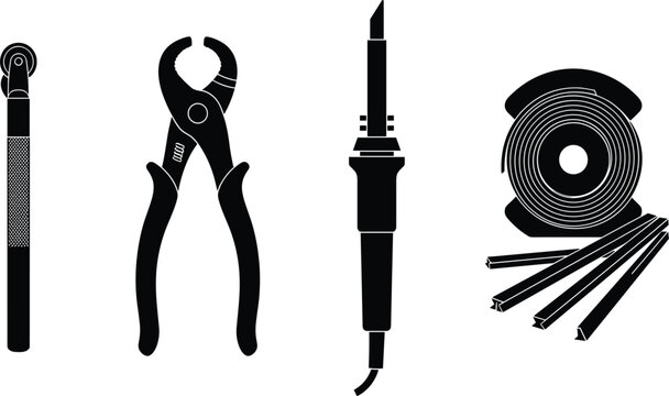 Electronics Repair and Soldering Tools Concept Illustration Featuring Roller Tool, Pliers, Soldering Iron, and Solder Wire Spool Silhouette
