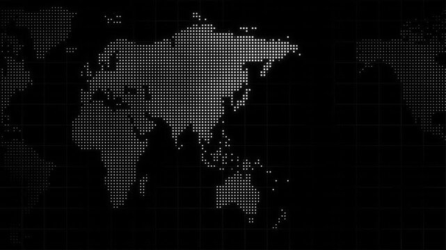 Monochrome digital world map with a glowing square dot matrix and subtle grid seamless loop.