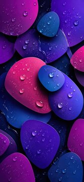 Abstract pebbles with water droplets vibrant pink and blue composition
