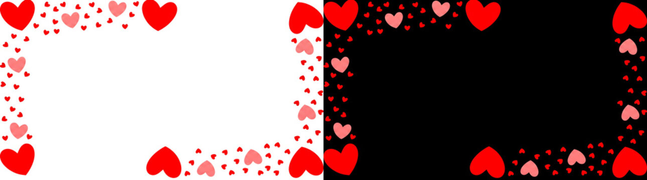 Red and pink heart shapes forming a decorative border scattered along the edges for Valentine and love themed designs with PNG, Transparent and Black Background Versions arranged