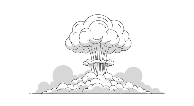 Powerful nuclear explosion creates a massive mushroom cloud of dust and debris in this dramatic black and white illustration.