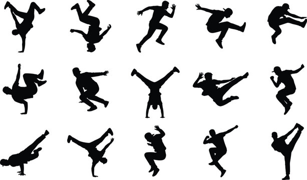 Dynamic breakdancing and parkour acrobatic stunt performer silhouettes collection isolated on white background flat graphic vector