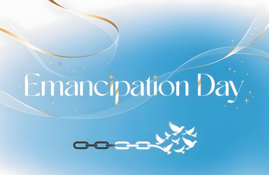 Emancipation day background with broken chain and flying white birds on blue sky, equality