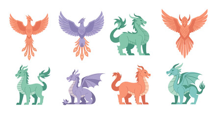 Obraz premium Diverse mythical creatures of phoenixes and dragons in flat vector illustration, symbolizing power and rebirth for fantasy game design and mythological storytelling.