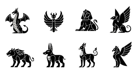 Fototapeta premium Diverse mythical creatures in black silhouette icons, representing ancient folklore and fantasy, ideal for fantasy game design, cultural studies, and educational materials.