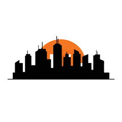 Obraz premium Modern City Skyline Silhouette Vector Illustration with Orange Sunset Sun Background; Urban Metropolis Downtown Skyscraper Buildings Icon for Real Estate, Travel, and Corporate Business Design