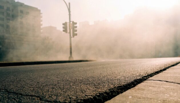 PM 2.5 and dust pollution concept. Low-angle view of an empty asphalt road with a traffic light and buildings barely visible through thick fog.