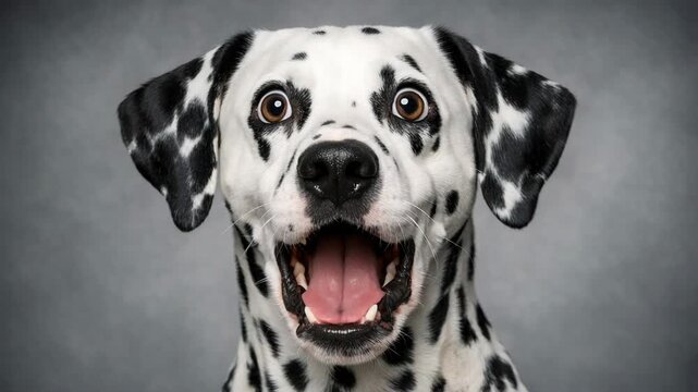 A joyful black and white spotted dog with its mouth wide open as if it is singing or excitedly talking.