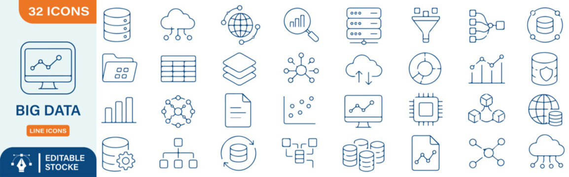 Big Data Line Icons Set. Data Analytics, Cloud Computing, Database Center, Statistics Research, Information Science and Tech Outline Icons for Web and Mobile UI. Vector Editable Stroke.