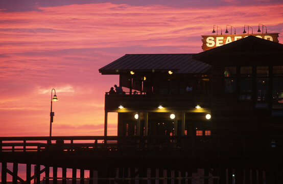 Seafood restaurant at sunset.