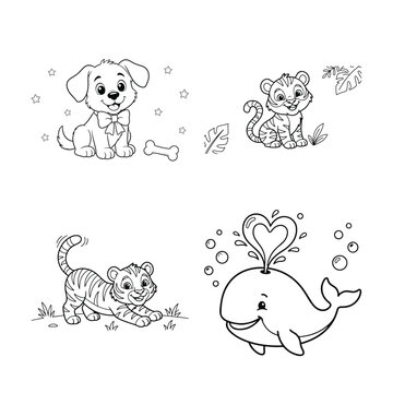 Cute animal collection puppy tiger cubs and whale illustration for children