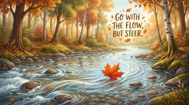 Autumn forest stream with flowing water and fallen leaves, inspirational quote "Go with the flow, but steer."