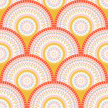 Dashed lines in scallop shapes, seamless vector pattern, abstract geometric background, boho ethno design with concentric semicircles and circles with dotted, dashed, and radiating details