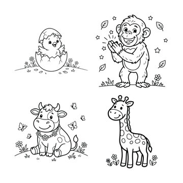 Charming farm and jungle animals outline for kids coloring pages