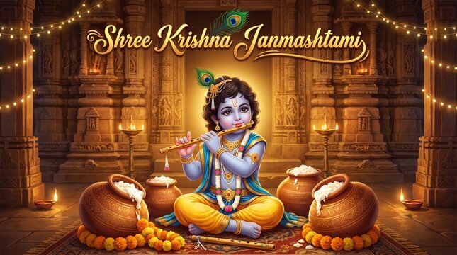 Shree Krishna Janmastami : Young child dressed as a deity playing a flute in a traditional temple setting