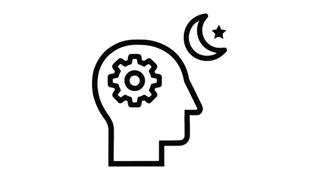 Human head profile with a gear inside and a crescent moon with a star, representing night shift work, insomnia, or late night thinking