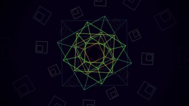 A mesmerizing digital visualization of interconnected geometric shapes and lines forming a complex symmetrical pattern with glowing neon effects against a dark background, illustrating