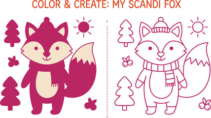 Scandi fox coloring page a delightful illustration for kids featuring a charming fox with trees and sunshine ready to color