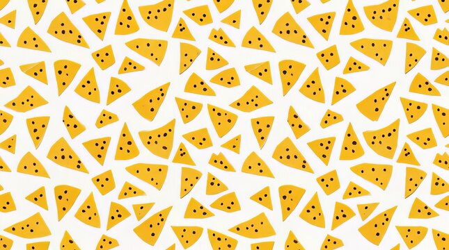 Seamless pattern featuring many delicious triangular slices of yellow swiss cheese with dark holes arranged randomly on a clean white background for culinary creative food designs