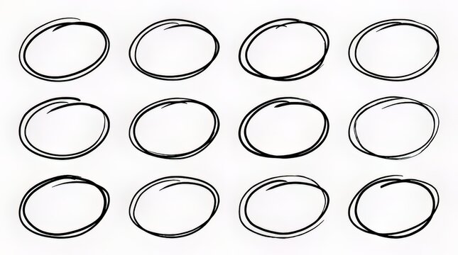 Twelve hand drawn ink circles arranged in a grid pattern on a clean white background featuring rough artistic brush strokes for creative graphic design projects