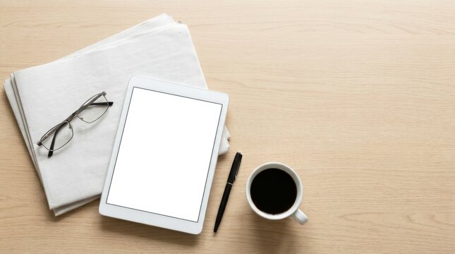 Top view flat lay of a blank white tablet screen mockup on a stack of newspapers with eyeglasses, a black pen, and a cup of coffee on a light wood desk background with copy space.