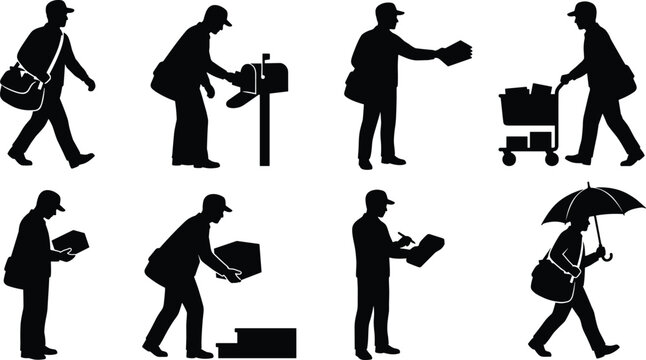 Vector silhouette set of postman and mail carrier delivering letters and packages