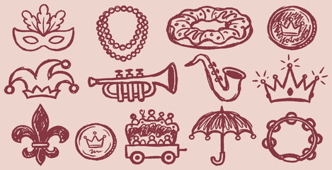 Collection of Mardi Gras symbols and icons in a hand-drawn sketch style, including a mask, beads, king cake, and trumpet. © Riki