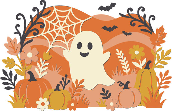 Spooky halloween shirt design with ghost pumpkins and web perfect for autumn apparel