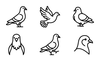 Obraz premium Pigeon Icons Set, Simple Line Art Bird Graphics, Minimalist Dove Vector Collection