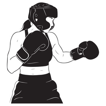 Vector illustration of a female boxer wearing protective headgear and gloves in a sparring stance for combat sports and fitness training