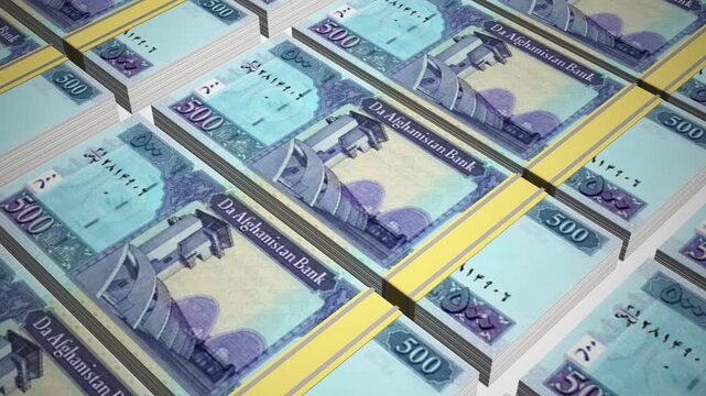 Stacks of 500 AFN or Five Hundred Afghanistan Afghani banknotes or currency. Neat Rows of Afghan 500 Afghani Bank note in 3D Motion. 4k Animation.