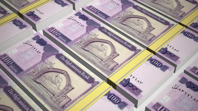 Stacks of 100 AFN or One Hundred Afghanistan Afghani banknotes or currency. Neat Rows of Afghan 100 Afghani Bank note in 3D Motion. 4k Animation.