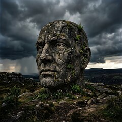 Obraz premium Ancient Stone Head Sculpture in Rugged Landscape Under Stormy Sky