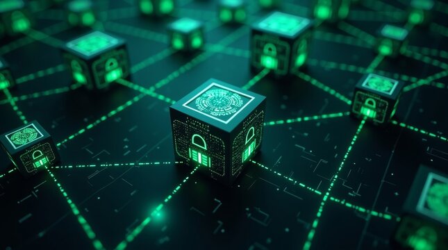 Abstract Digital Network Concept Featuring Glowing Blockchain Data Blocks.