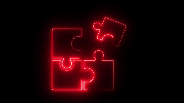 Abstract glowing neon Jigsaw Puzzle Pieces Icon Animation on black Background. 4k motion graphics animation.