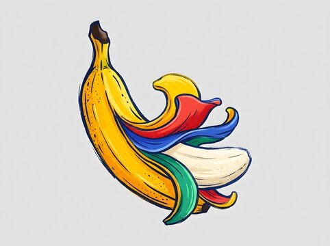 Illustration of a peeled banana with rainbow colored fruit flesh, illustration