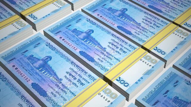 Stacks of 100 BDT or One Hundred Bangladesh Taka banknotes or currency. Neat Rows of Bangladeshi 100 Taka Bank note in 3D Motion. 4k Animation.