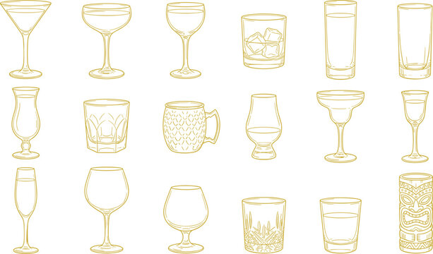 Gold line cocktail and glassware icon set for luxury restaurant bar menu graphic design