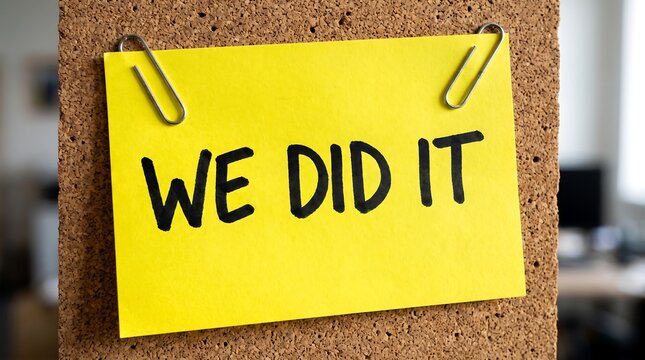 Motivational We Did It message on yellow sticky note, success celebration on cork board, business achievement and teamwork milestone concept