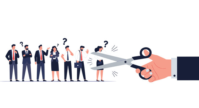 Giant hand uses a pair of scissors to cut a line of worried business employees in a metaphor for corporate downsizing and layoffs.