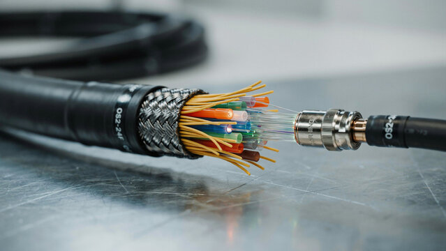Industrial fiber optic connector assembly showing internal glass filaments and wire mesh.