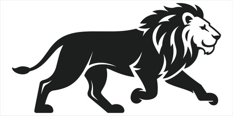 Black silhouette of a walking lion with a stylized mane on a white background Keywords: lion, animal, mammal, big cat, feline © Mdsalman