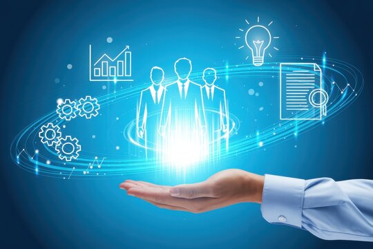 Business professional holding glowing ai technology and innovation icons in hand