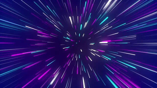 Looped 3D animation of blue violet neon speed tunnel with glowing light rays. Seamless hyperspace warp background for futuristic gaming, sci-fi intros, technology videos and motion graphics