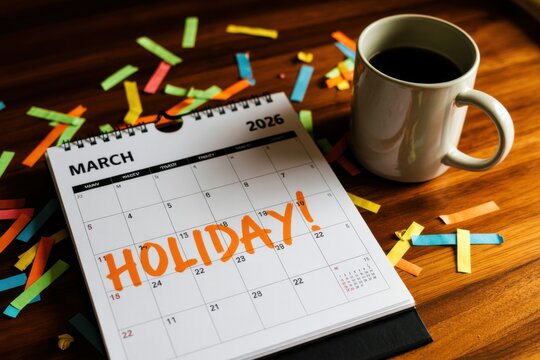 March Calendar With Holiday Marked Next To Coffee Mug And Colorful Pencils