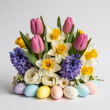 Spring Flower Bouquet With Pastel Easter Eggs And Tulips In Soft Light