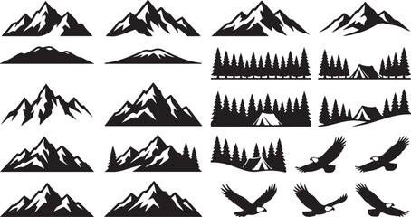 Fototapeta premium Set of black mountain peaks forest trees camping tents and flying eagle silhouettes icons collection