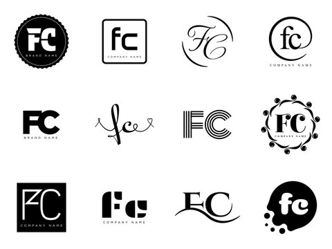 FC logo company template. Letter f and c logotype. Set different classic serif lettering and modern bold text with design elements. Initial font typography.